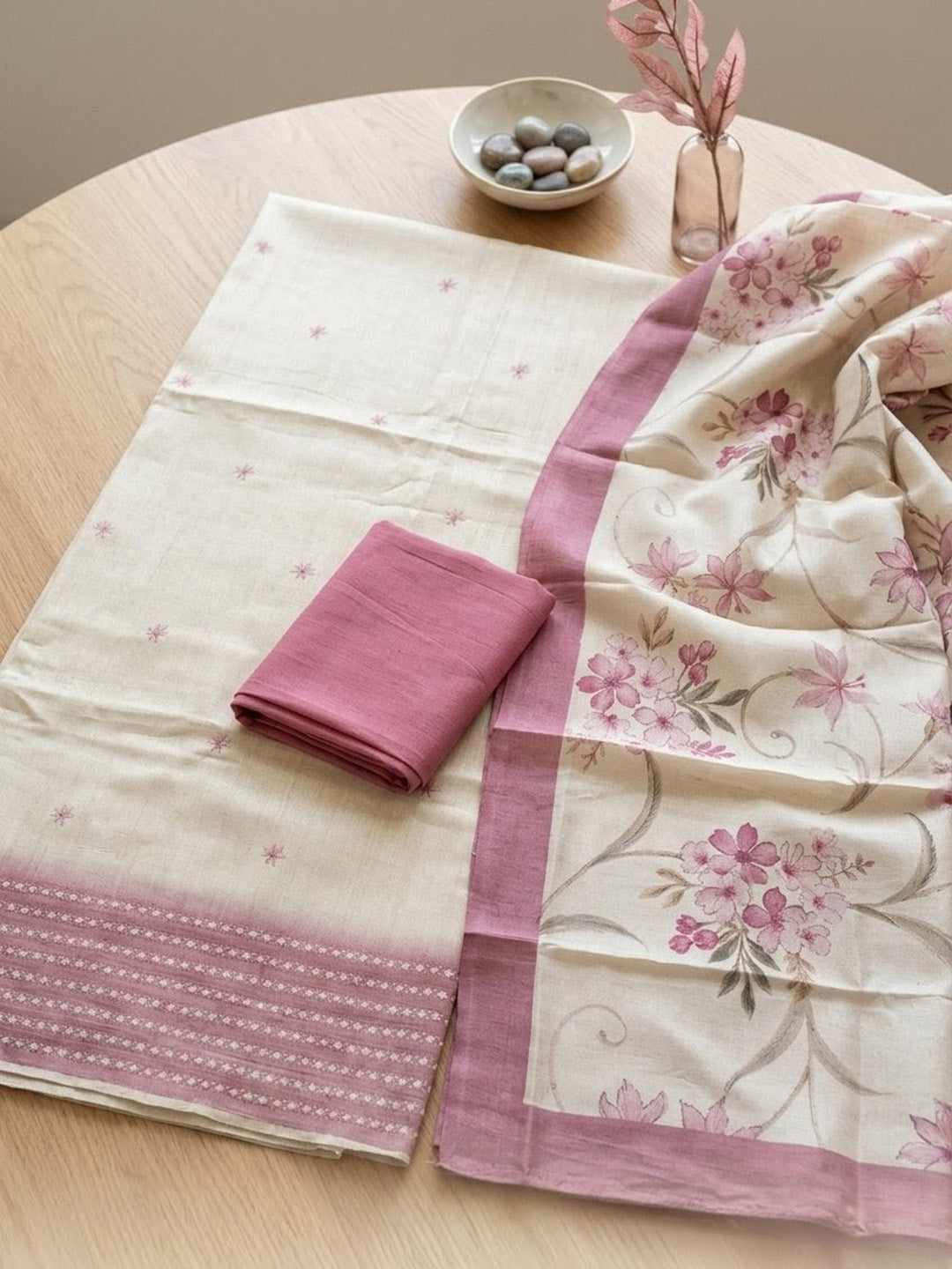 Embroidered Art Silk Unstitched Suit With Pant &amp; Dupatta