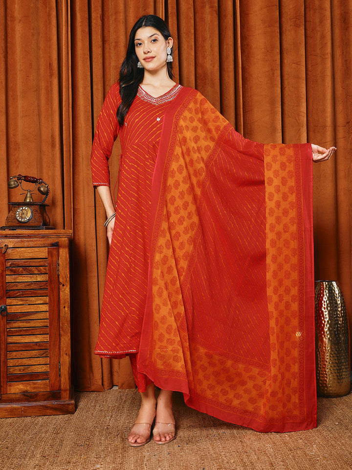 Printed Cotton Blend Kurta With Pants &amp; Dupatta