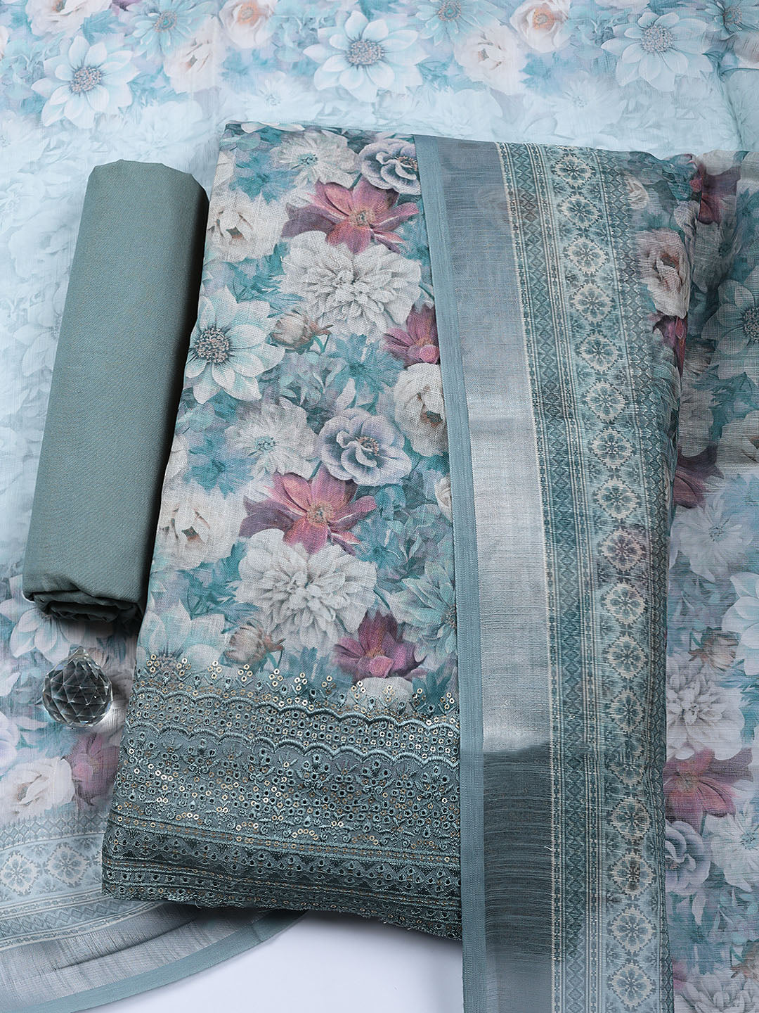 Embroidered Linen Blend Unstitched Suit With Pant &amp; Dupatta