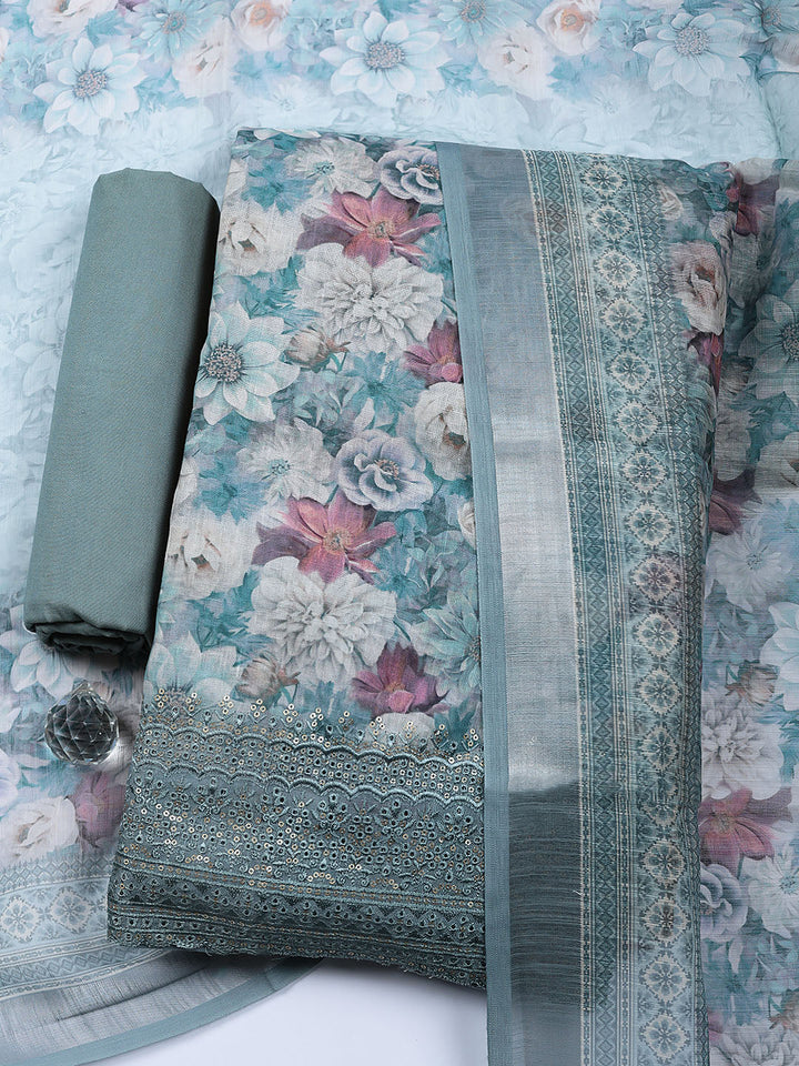 Embroidered Linen Blend Unstitched Suit With Pant &amp; Dupatta