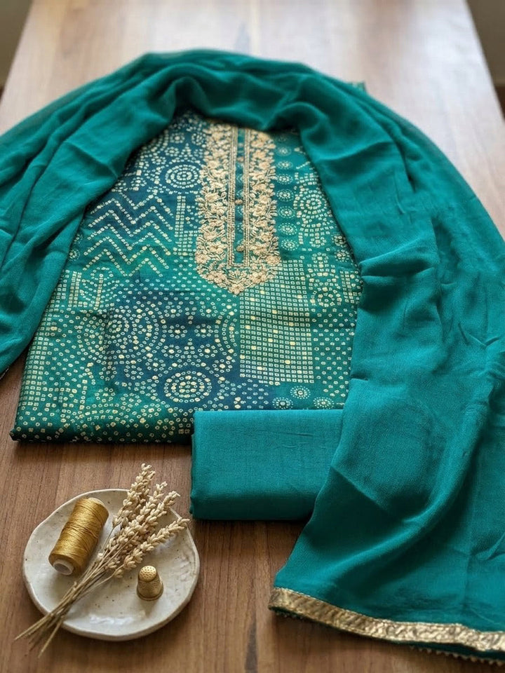 Embroidered Cotton Blend Unstitched Suit With Pant &amp; Dupatta