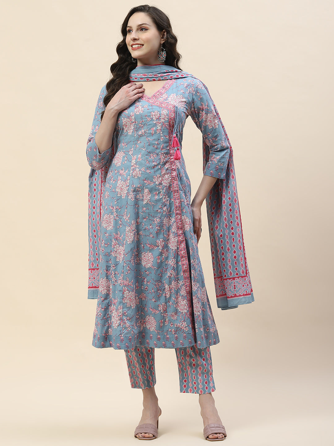 Floral Print Cotton Suit Set With Dupatta