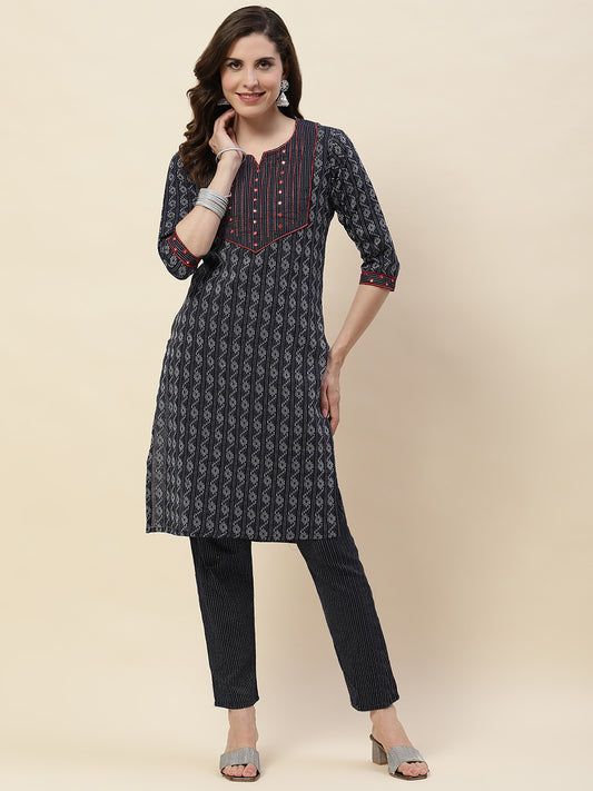 Neck Embroidery Cotton Kurta With Pants