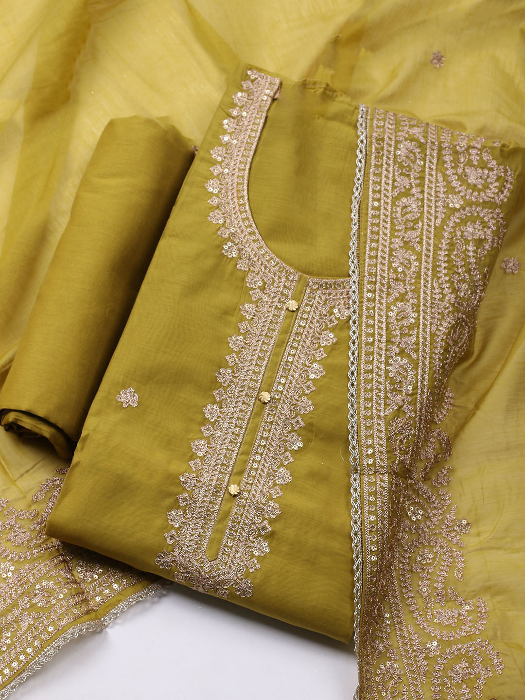 Neck Embroidered Chanderi Unstitched Suit With Dupatta