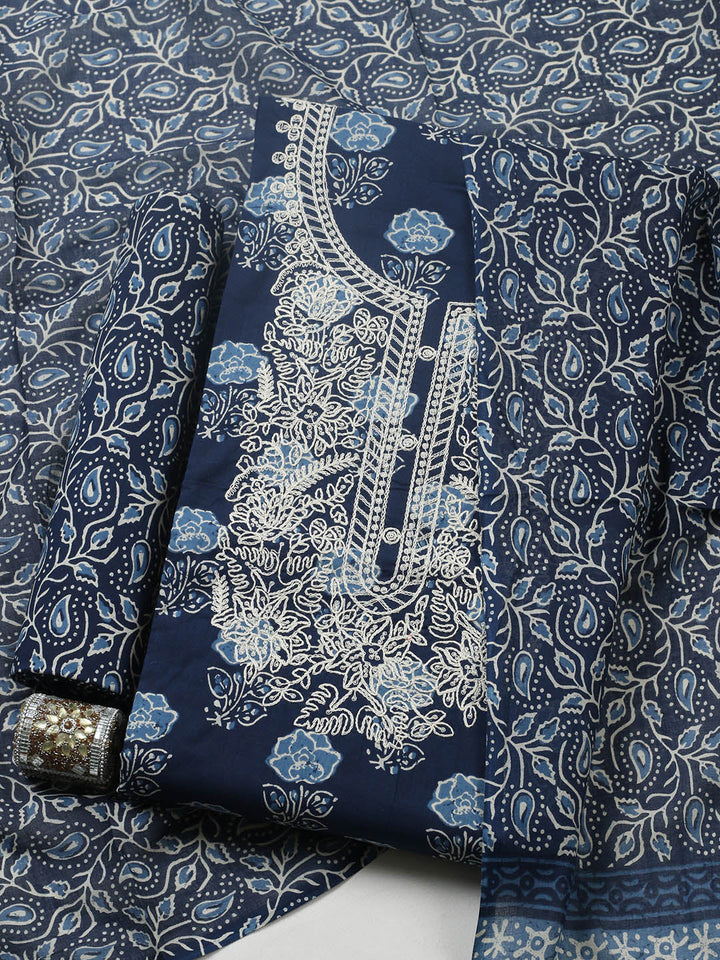Embroidered Cotton Blend Unstitched Suit With Pant &amp; Dupatta