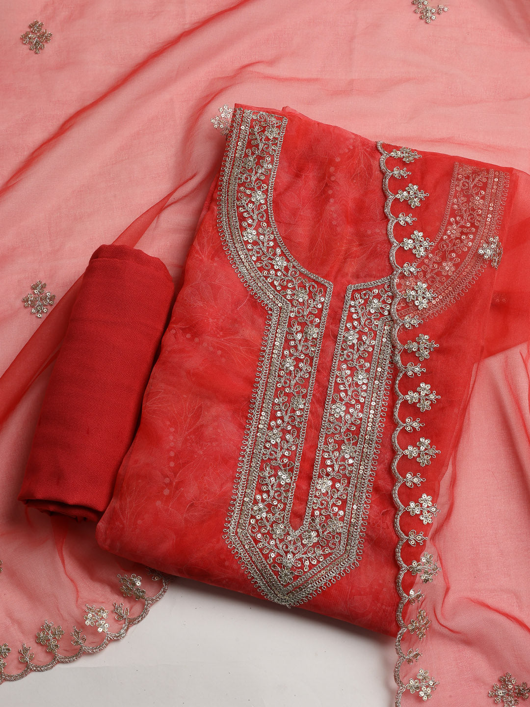 Neck Embroidered Organza Unstitched Suit With Dupatta