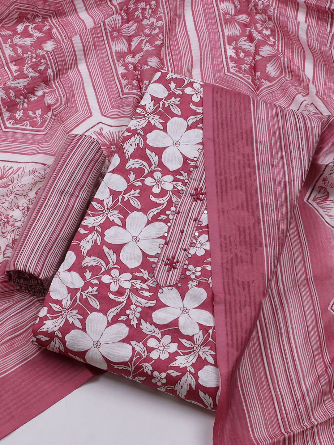 Floral Printed Cotton Blend Unstitched Suit With Dupatta