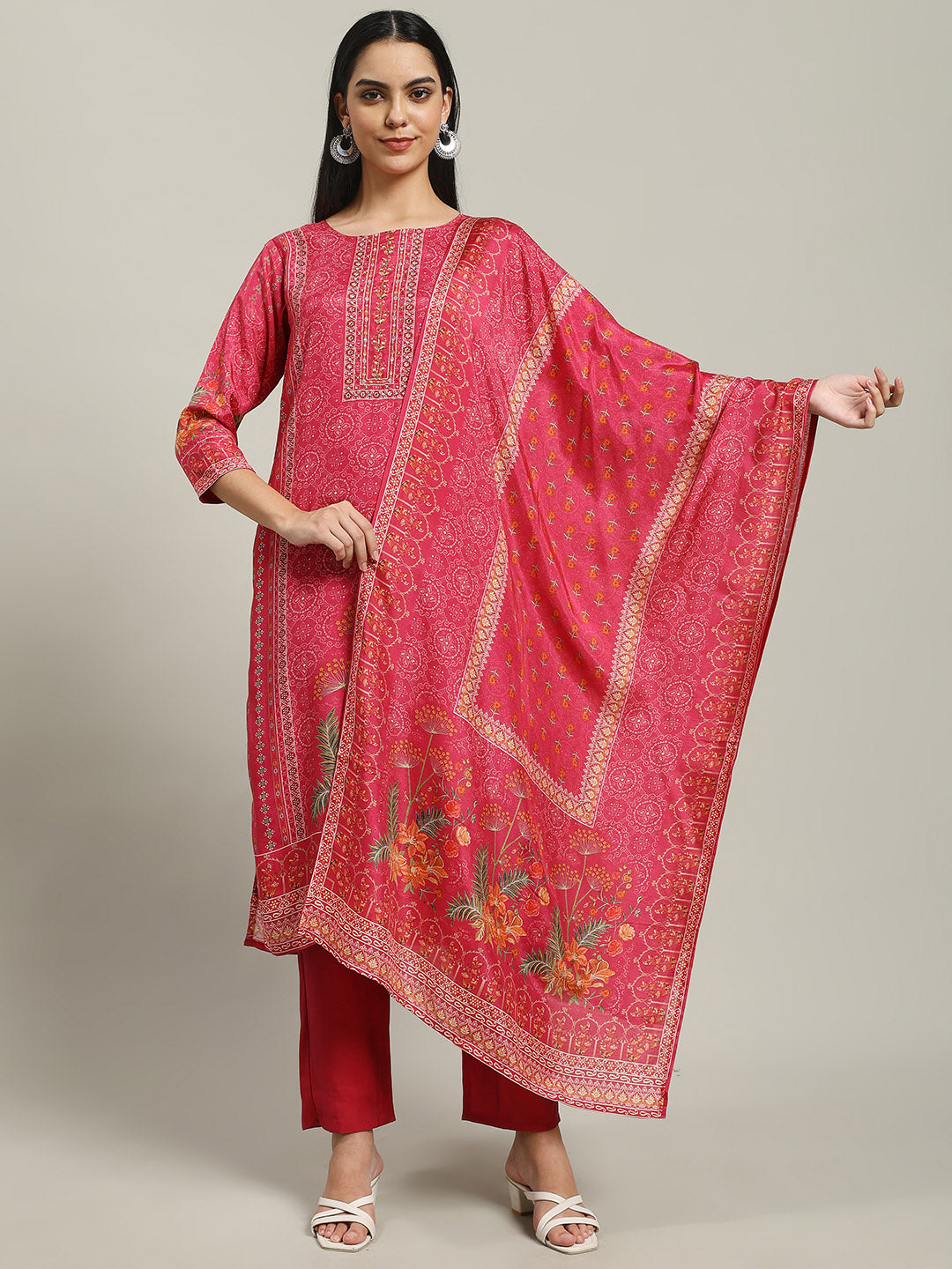 Printed Muslin Kurta With Pants & Dupatta