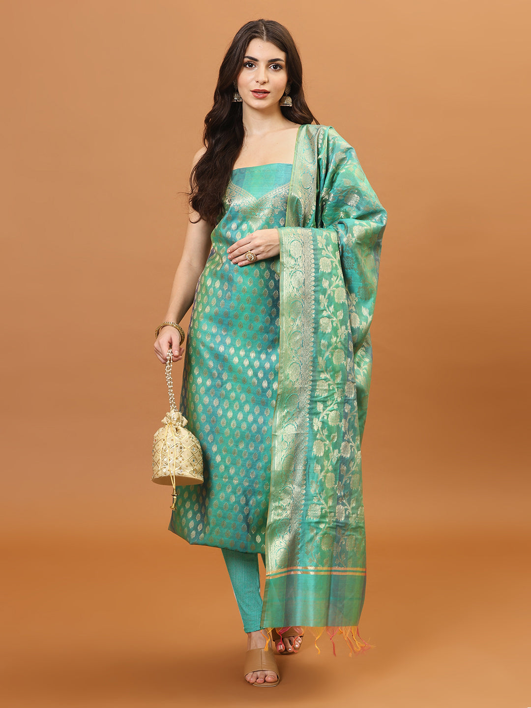 Woven Banarasi Chanderi Unstitched Suit With Dupatta