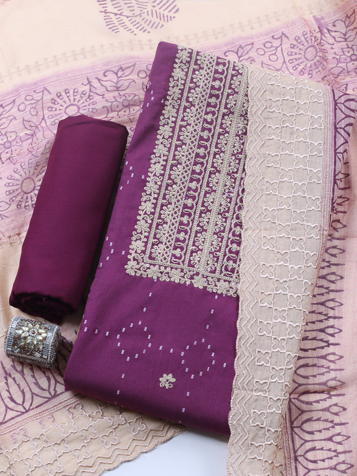 Embroidered Cotton Blend Unstitched Suit With Pant &amp; Dupatta