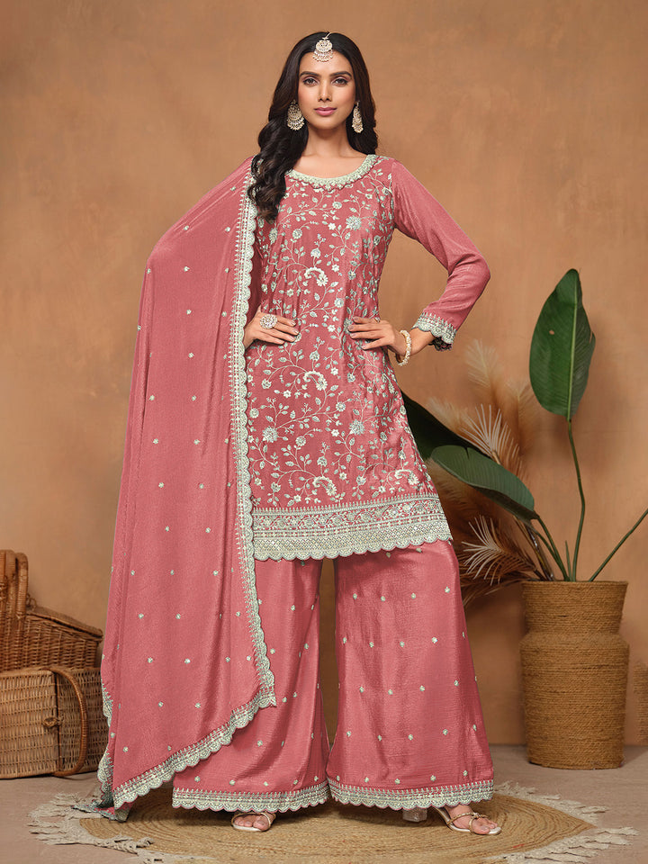 Embroidered Chinnon Semi Stitched Kurta With Plazzo &amp; Dupatta