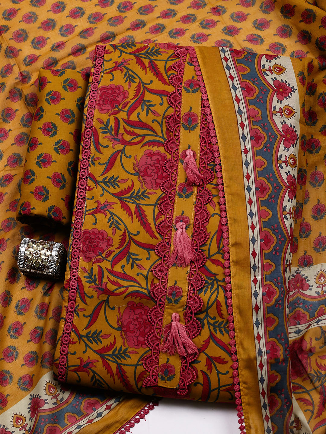 Embroidered Cotton Blend Unstitched Suit With Pant &amp; Dupatta