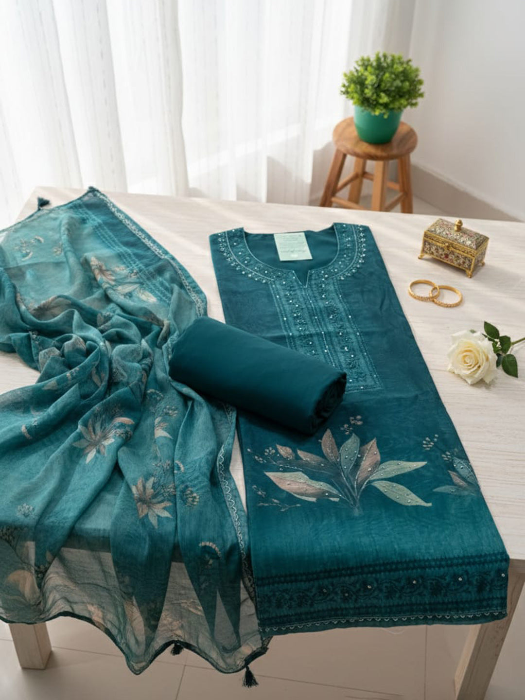 Printed Chanderi Unstitched Suit With Pant &amp; Dupatta