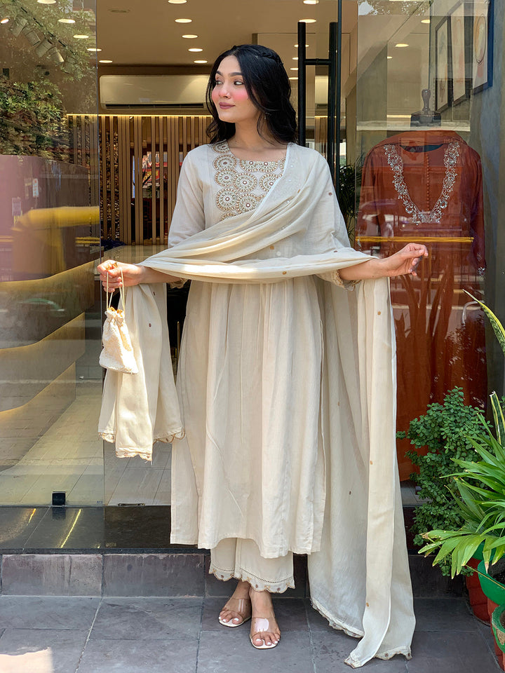 Neck Embroidered Muslin Kurta With Pants &amp; Dupatta