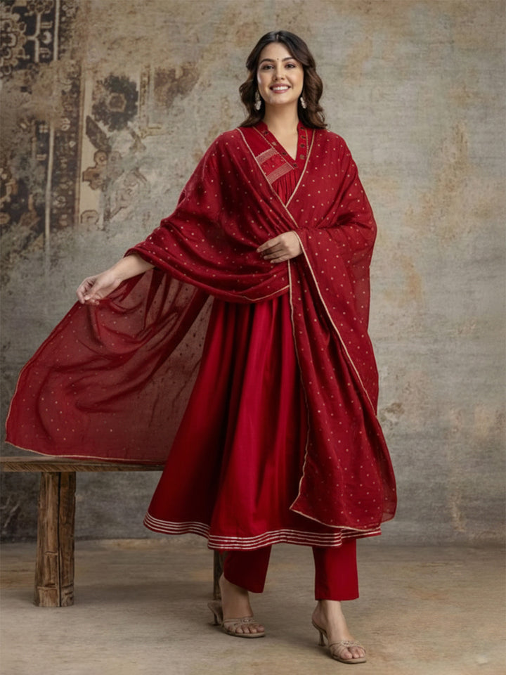 Maroon Cotton Blend Embroidered Straight Suit Set
