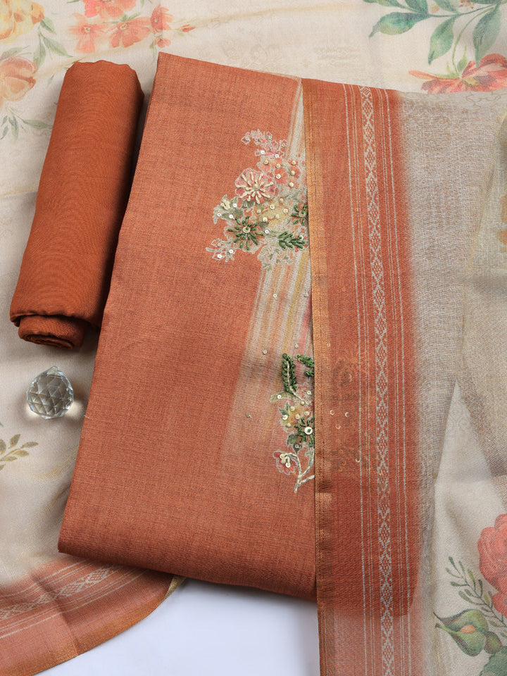 Printed Linen Blend Unstitched Suit With Pant &amp; Dupatta