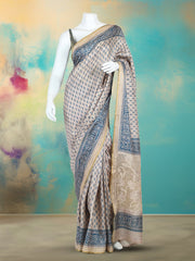 Printed Tussar Blue Beige Saree