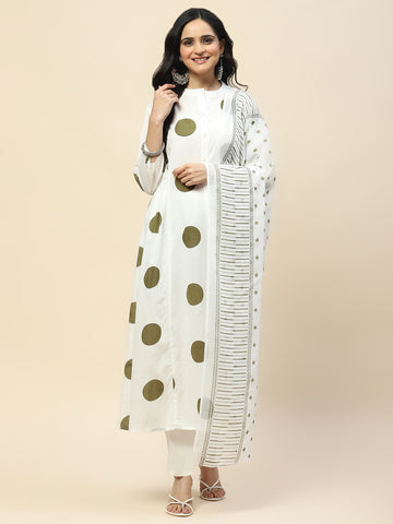 Printed Booti Cotton Kurta With Pants & Dupatta