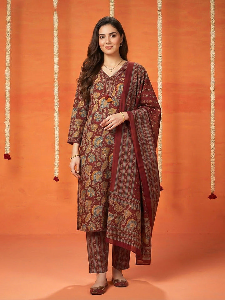 Printed Cotton Blend Kurta With Pant &amp; Dupatta