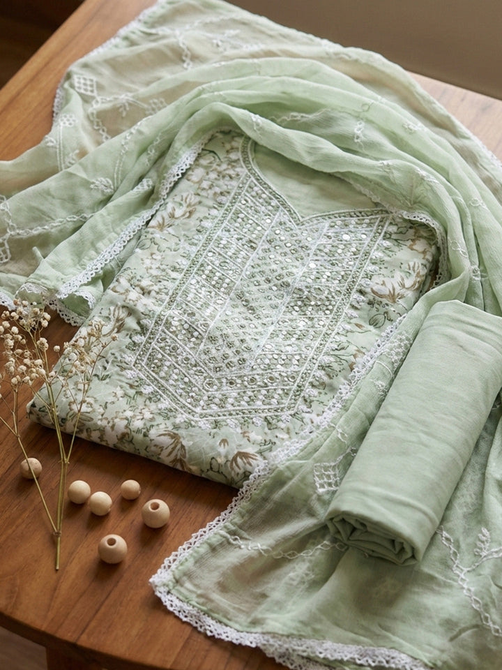 Printed Cotton Blend Unstitched Suit With Pant &amp; Dupatta