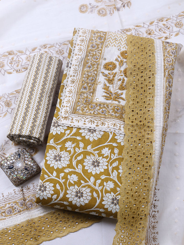 Embroidered Cotton Blend Unstitched Suit With Pant &amp; Dupatta