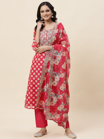 Polka Dot Printed Chanderi Kurta With Pants & Dupatta