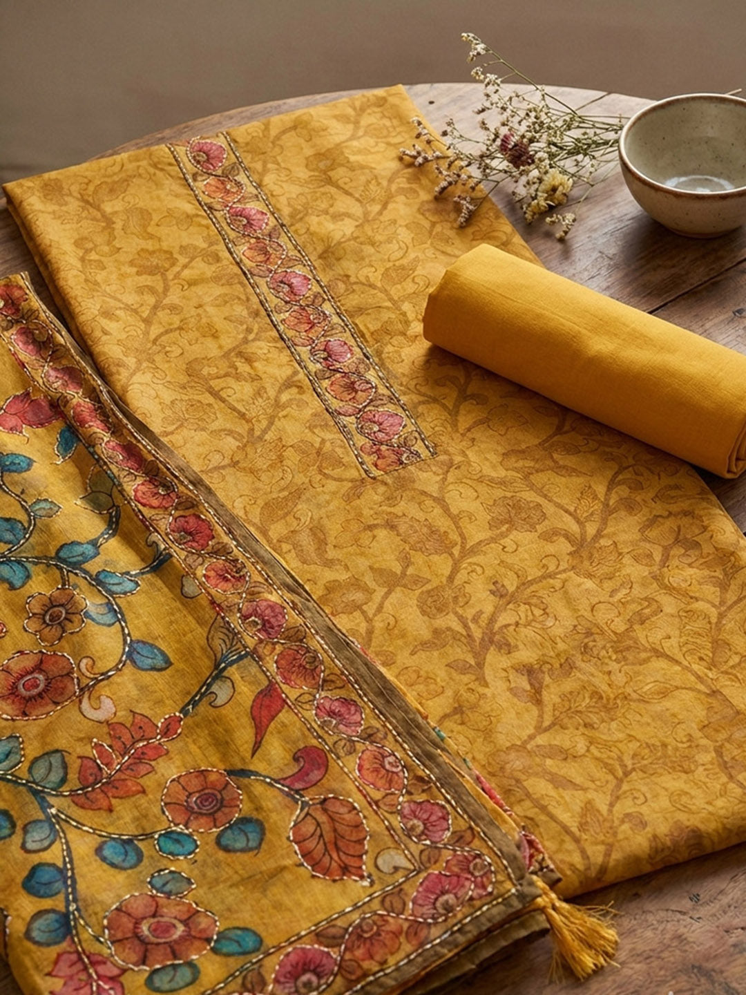 Printed Chanderi Unstitched Suit With Pant &amp; Dupatta