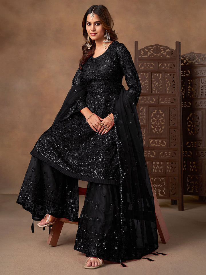 Embroidered Net Semi Stitched Kurta With Sharara &amp; Dupatta