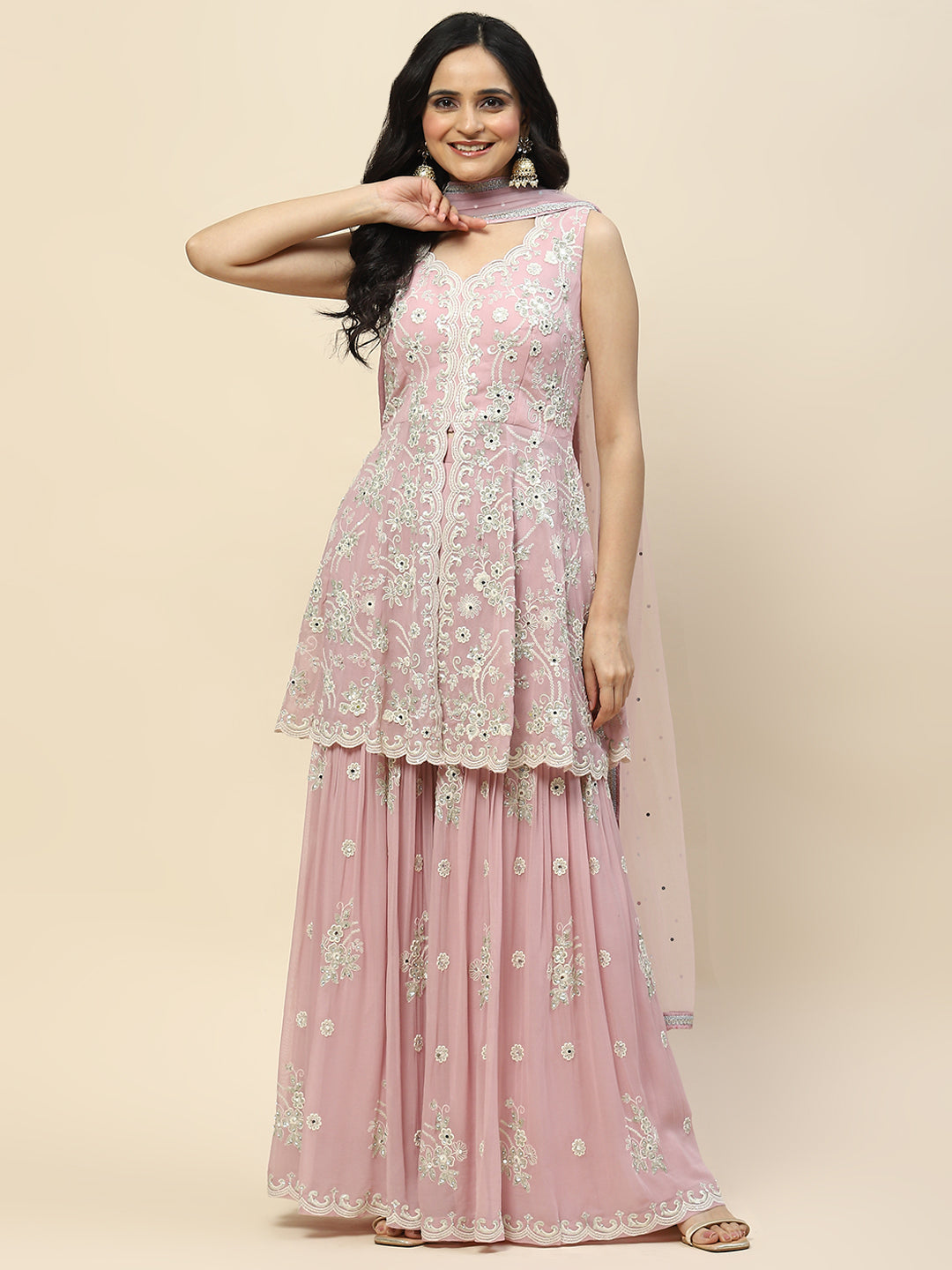 Resham Sequin Embroidered Georgette Kurta With Garara & Dupatta