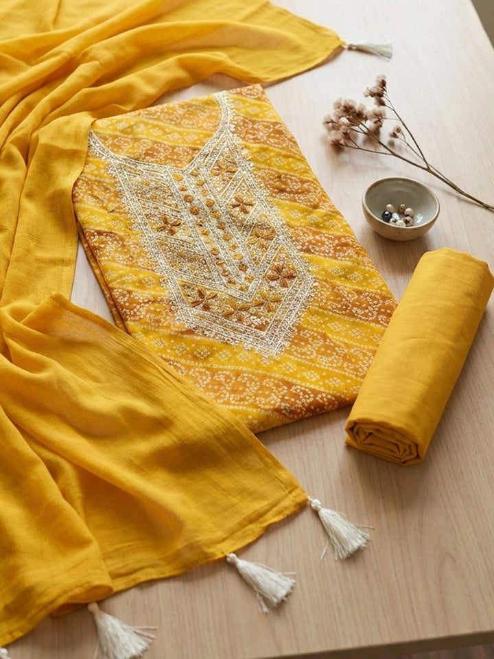 Printed Cotton Blend Unstitched Suit With Pant &amp; Dupatta
