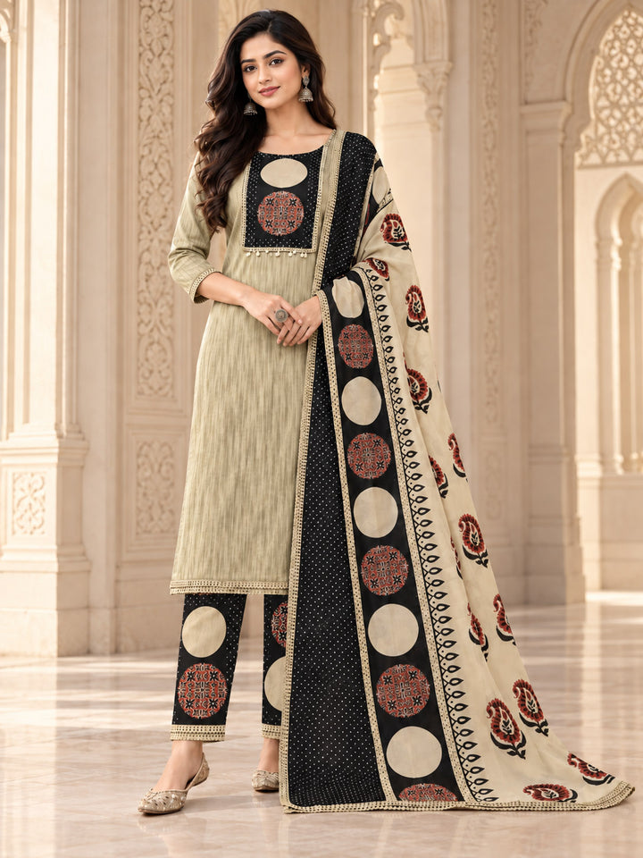 Beige Cotton Blend Embroidered Unstitched Dress Material