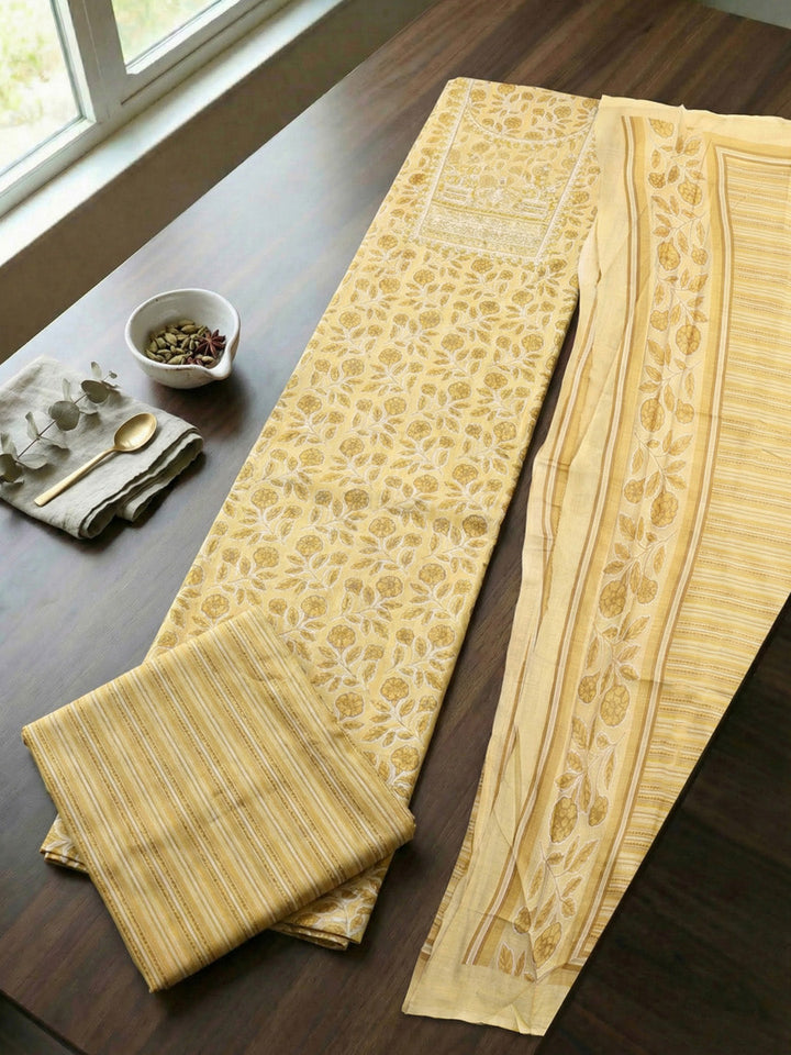 Embroidered Cotton Blend Unstitched Suit With Pant &amp; Dupatta