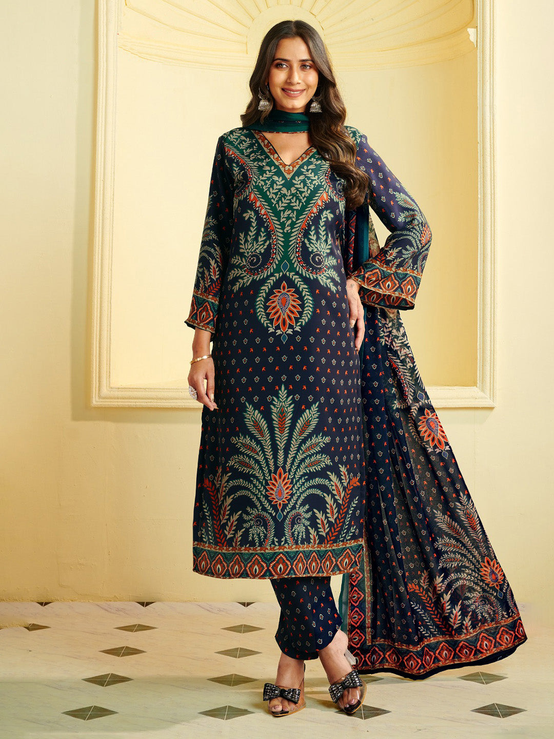 Printed Crepe Unstitched Suit With Pant &amp; Dupatta
