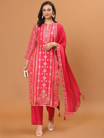 Banarasi Printed Embroidery Kurta With Pants & Dupatta