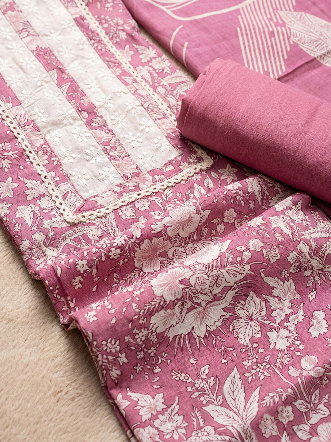 Printed Cotton Blend Unstitched Suit With Pant &amp; Dupatta