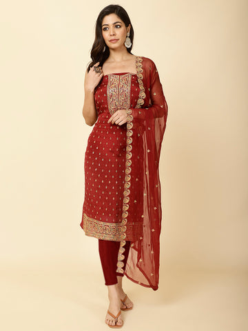 Ghera Embroidery Chinon Unstitched Suit Piece With Dupatta