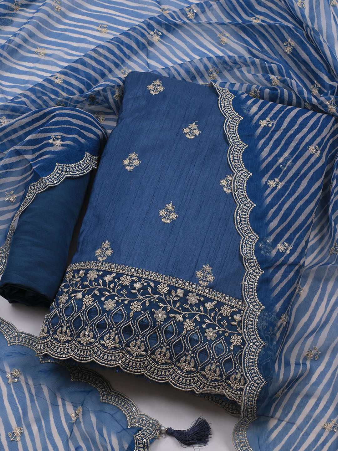 Embroidered Art Silk Unstitched Suit Piece With Dupatta
