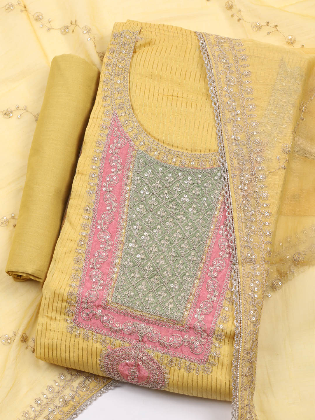 Neck Embroidered Chanderi Unstitched Suit With Dupatta