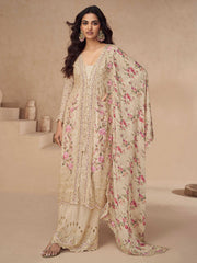 Embroidered Chinon Silk Kurta With Plazzo & Dupatta