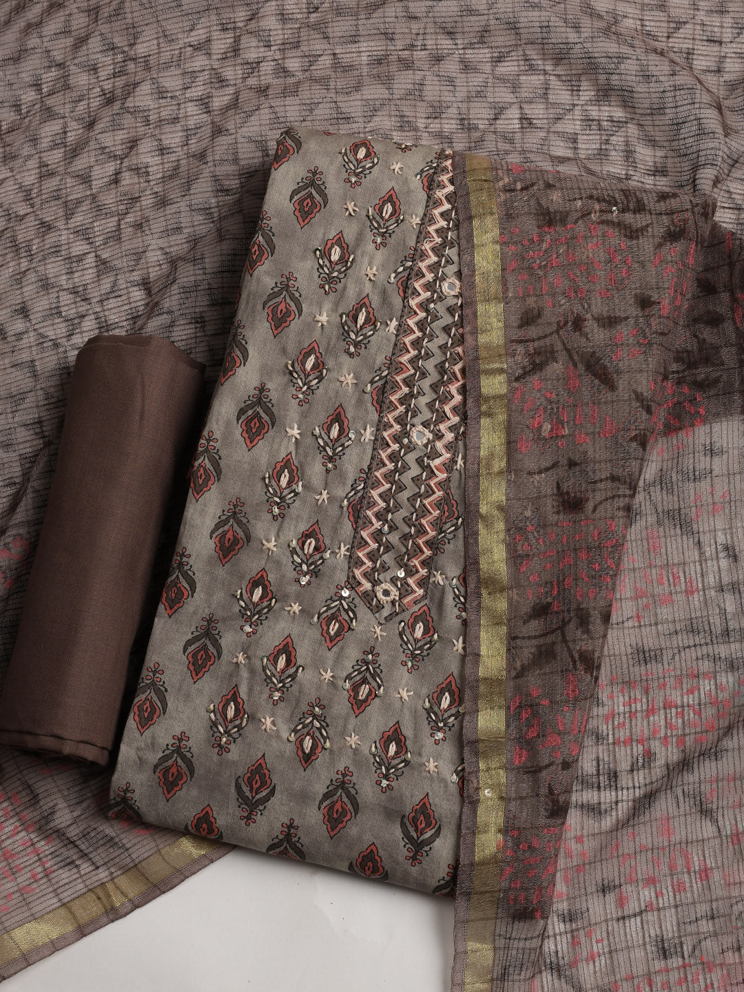 Printed Cotton Blend Unstitched Suit With Dupatta