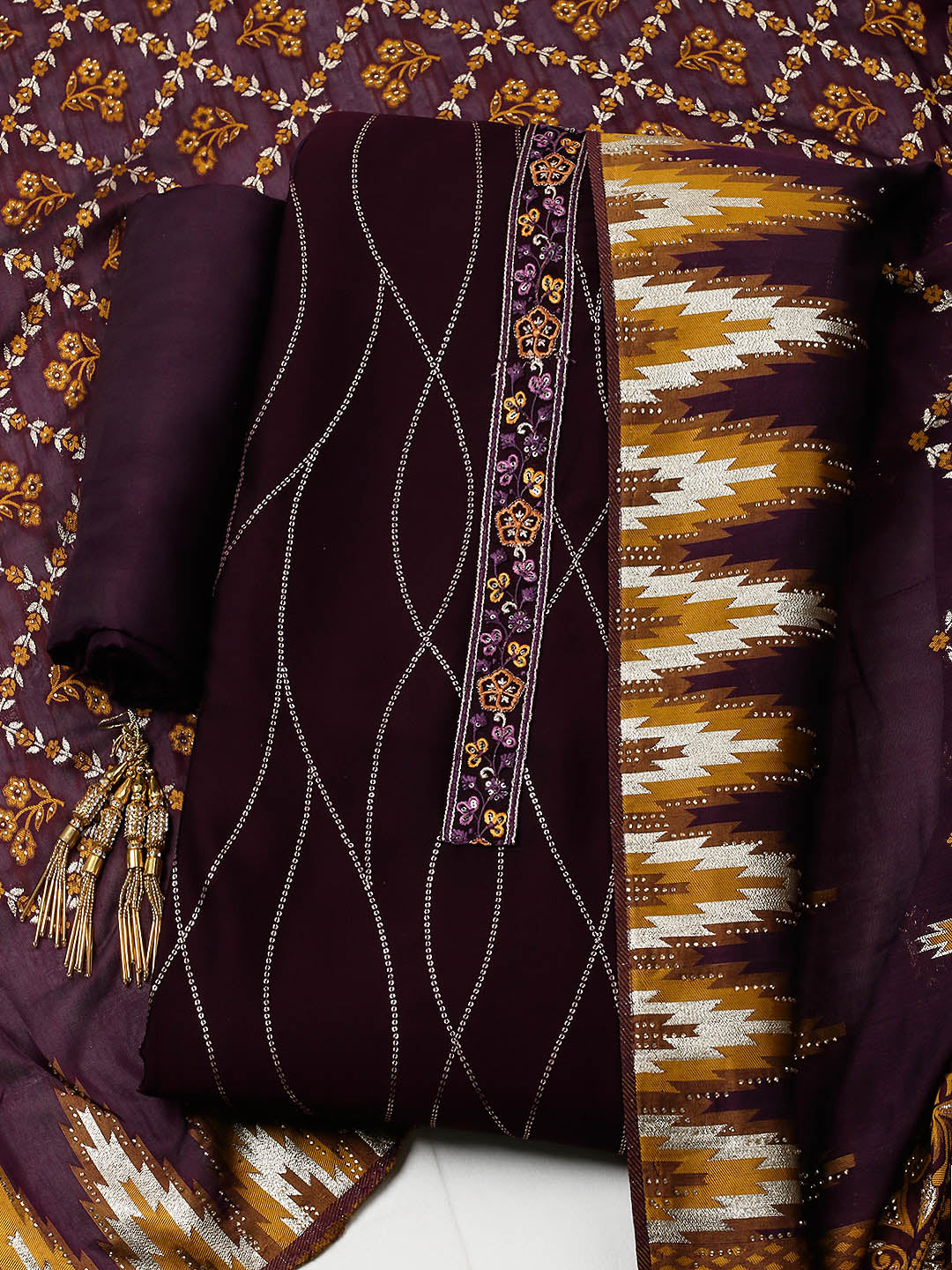 Embroidered Georgette Unstitched Suit With Pant &amp; Dupatta