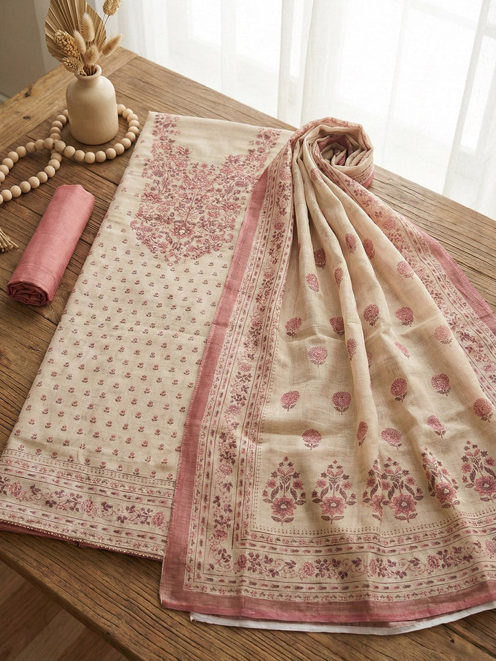 Embroidered Cotton Blend Unstitched Suit With Pant &amp; Dupatta