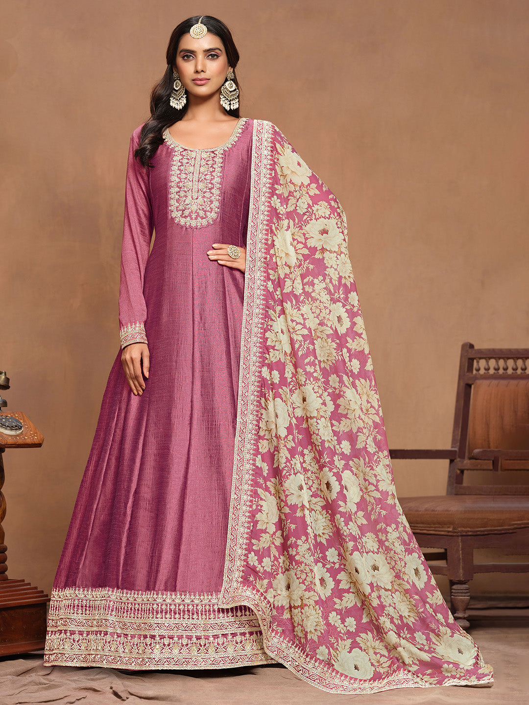 Embroidered Art Silk Semi Stitched Gown With Dupatta
