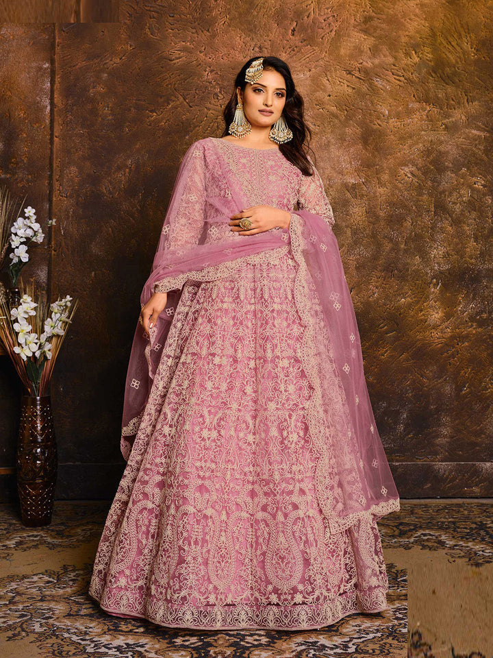 Embroidered Net Semi Stitched Kurta With Pant &amp; Dupatta