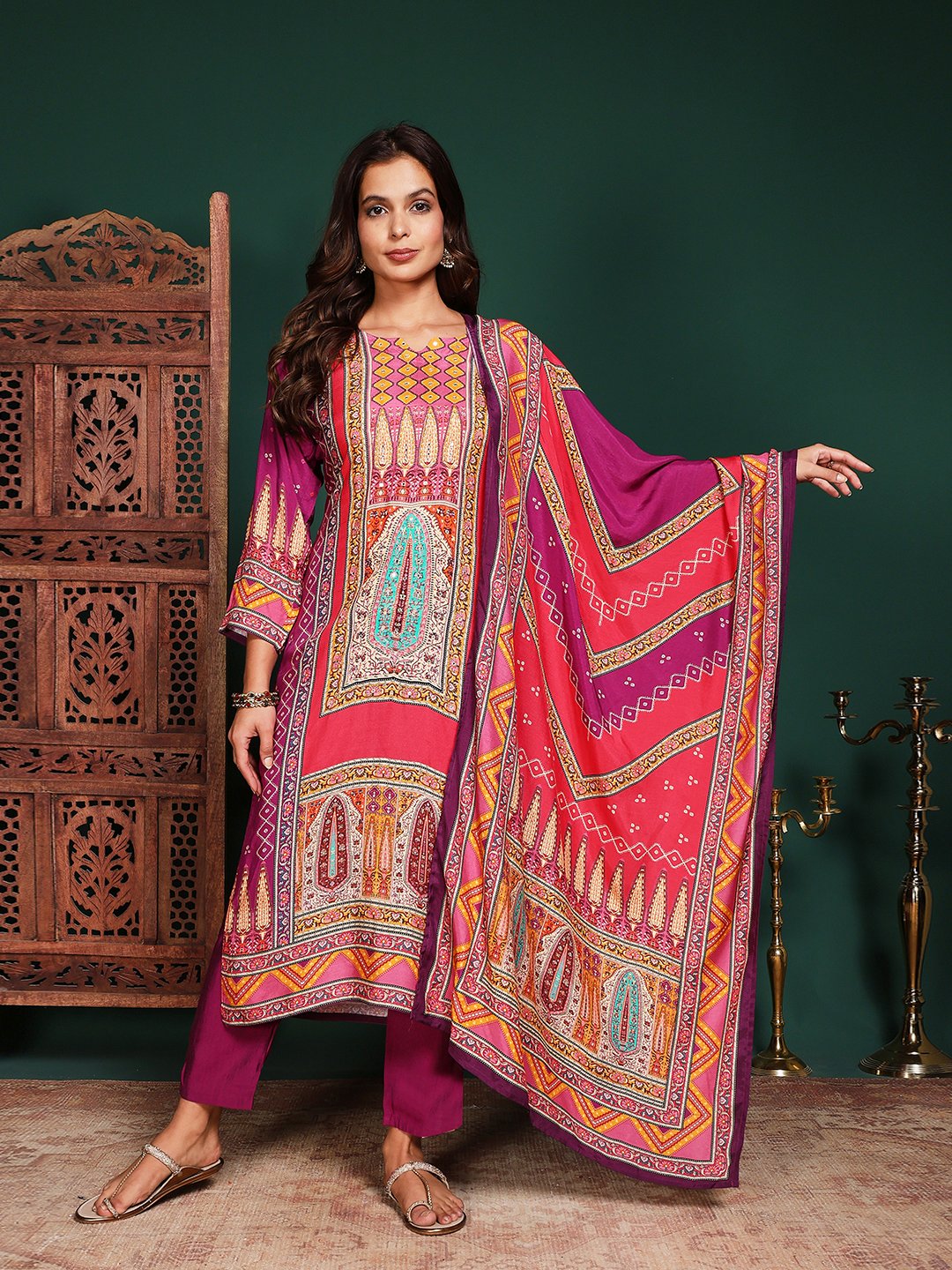 Floral Printed Art Silk Kurta With Pant &amp; Dupatta