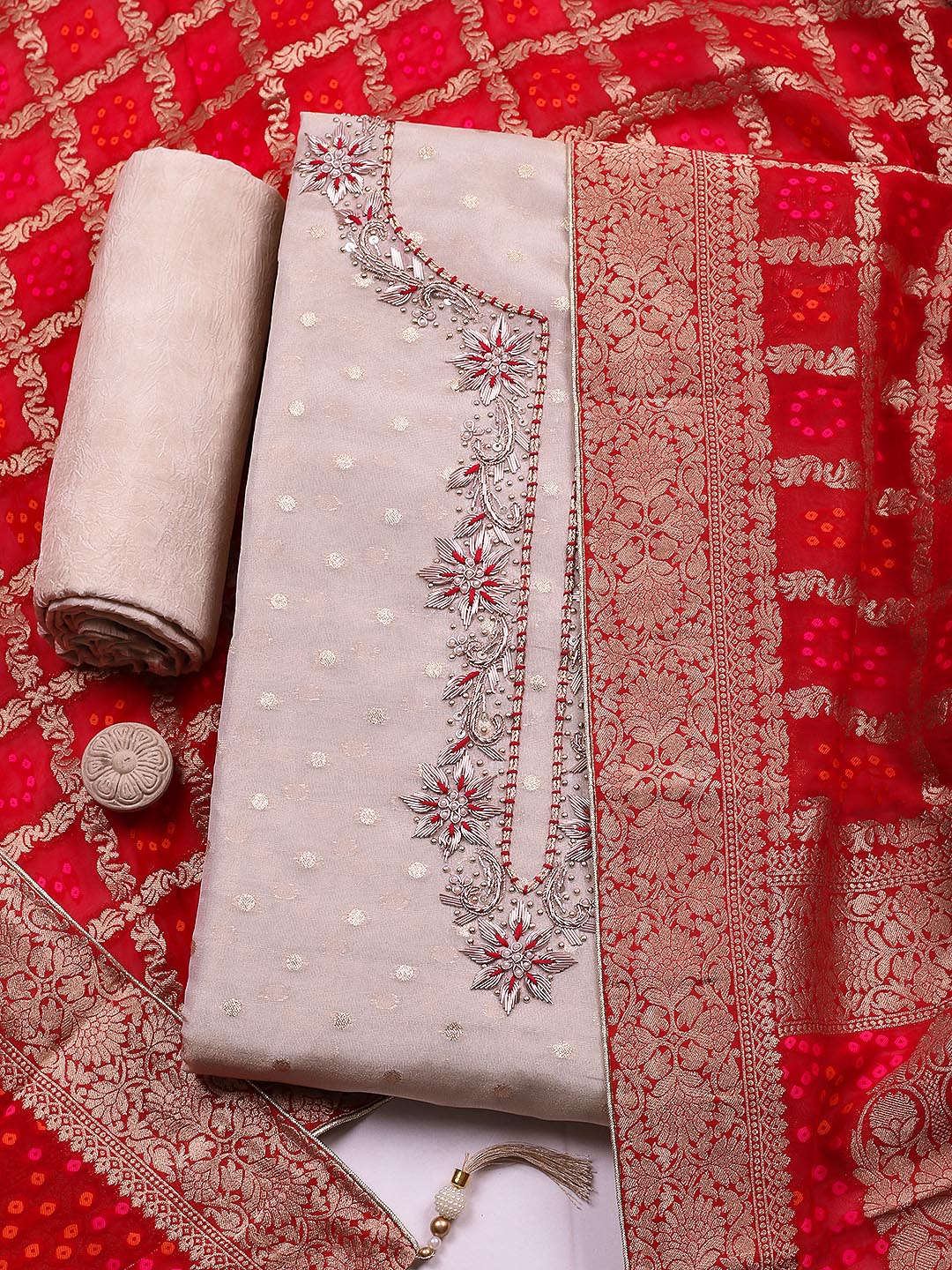 Embroidered Chanderi Unstitched Suit With Pant &amp; Dupatta