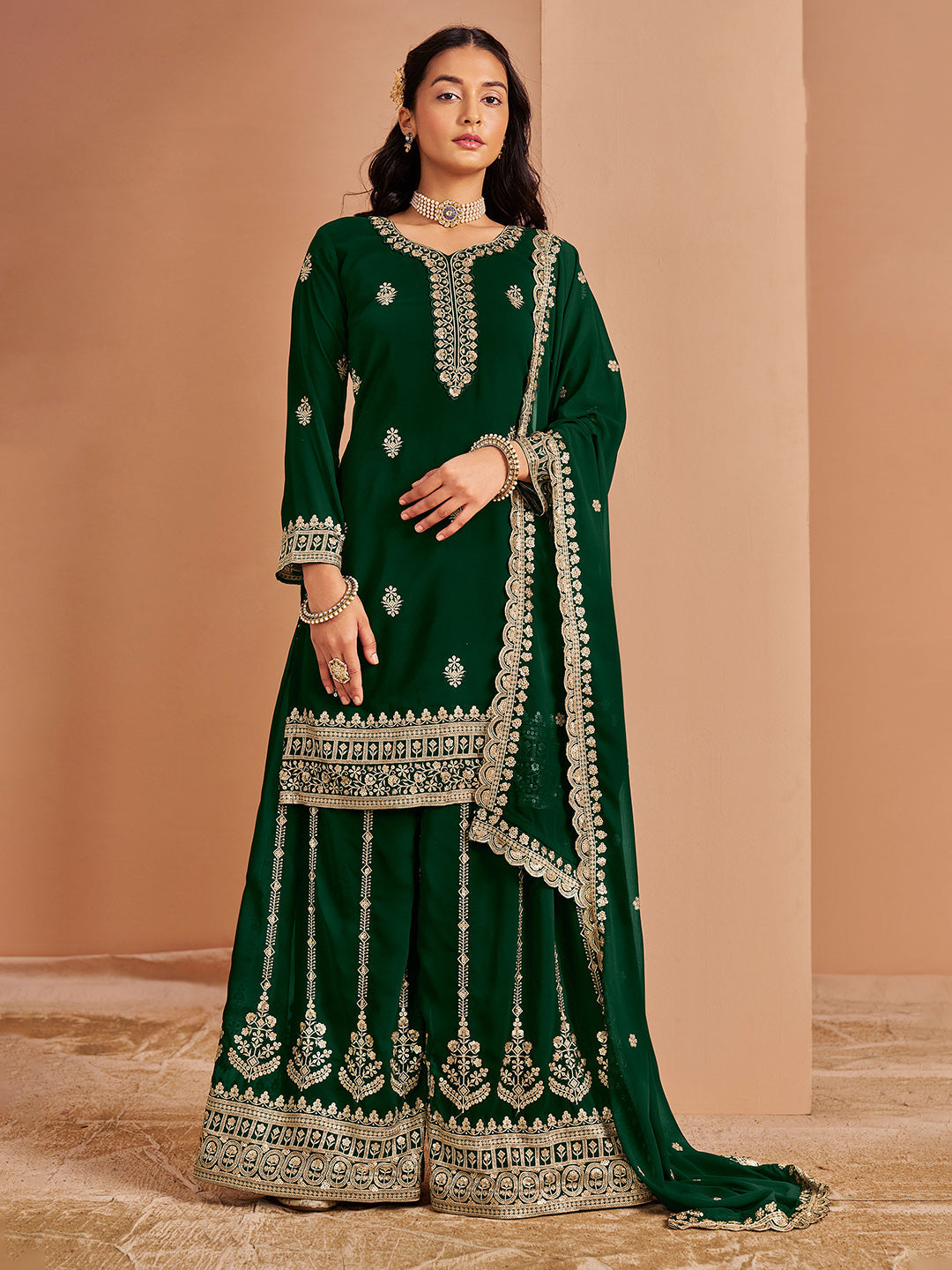 Embroidered Georgette Semi Stitched Kurta With Plazzo &amp; Dupatta