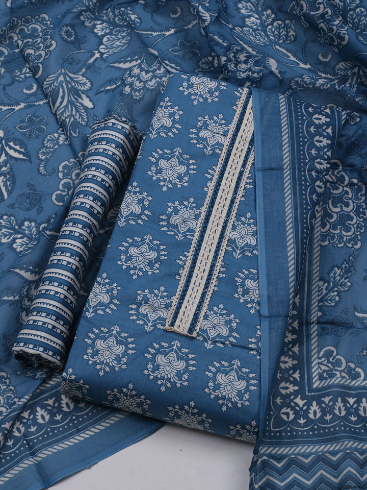 Patch Neck Cotton Blend Unstitched Suit With Dupatta