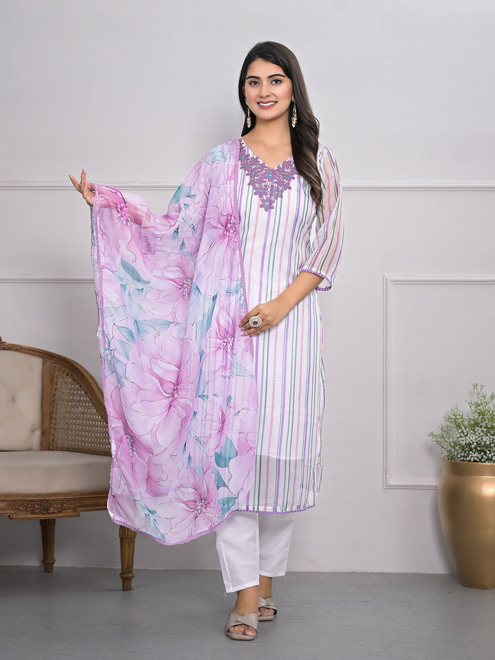 Neck Embroidered Georgette Kurta With Pants &amp; Dupatta