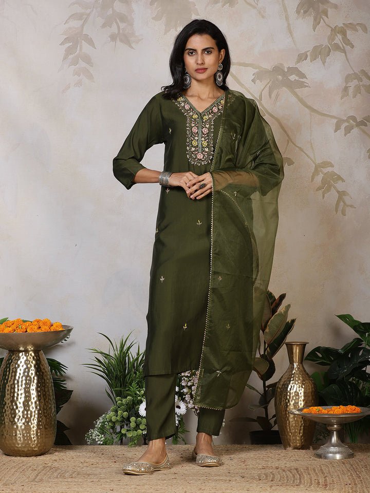 Embroidered Cotton Blend Kurta With Pants &amp; Dupatta